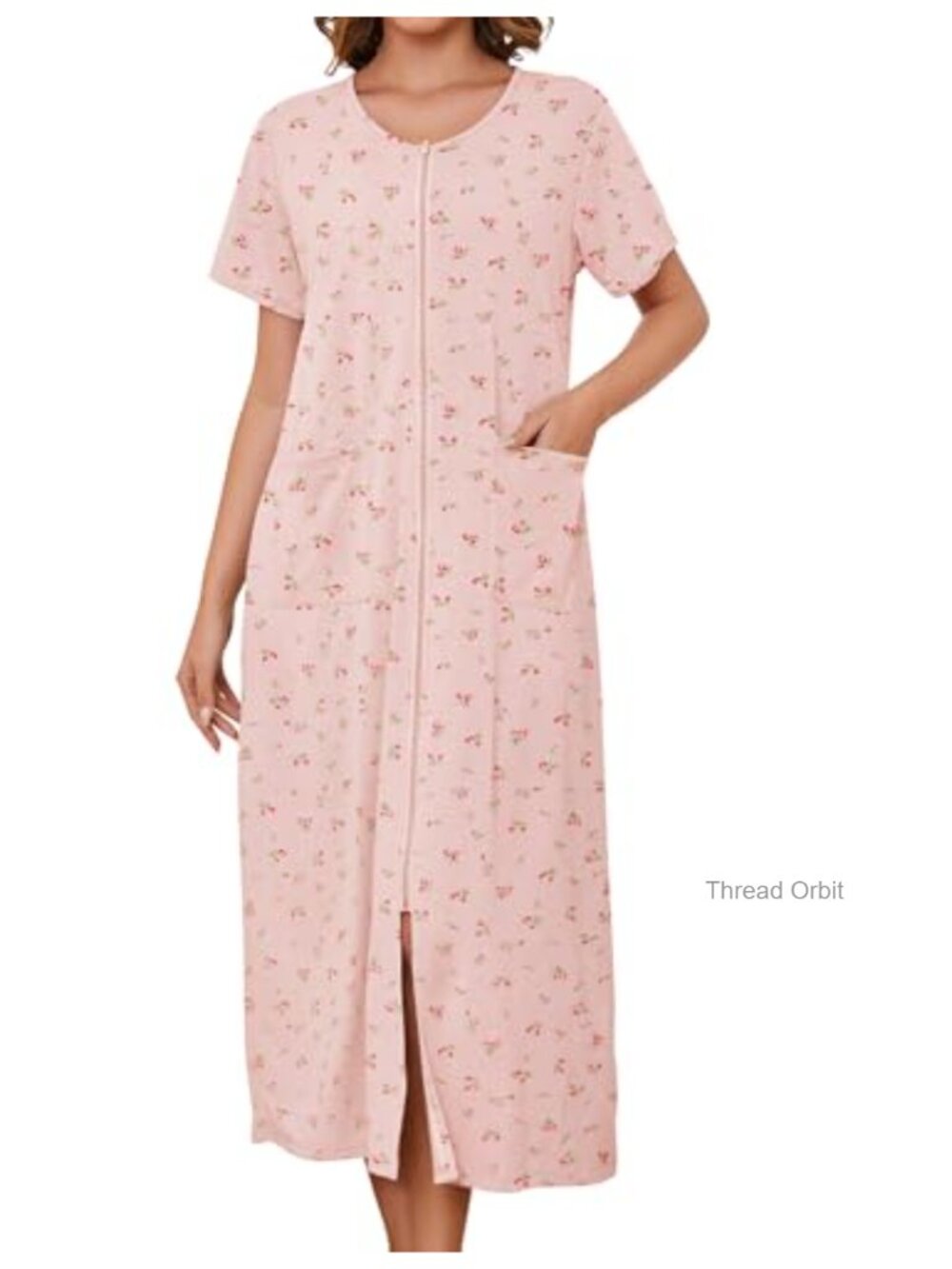 Women's Zipper Robe Cotton Floral Short Sleeve Pockets